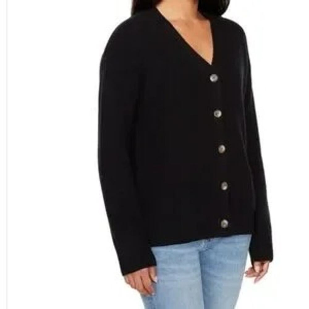 Hudson Womens  Black Ribbed V Neck Front Button Cotton Cardigan Sweater size XL
